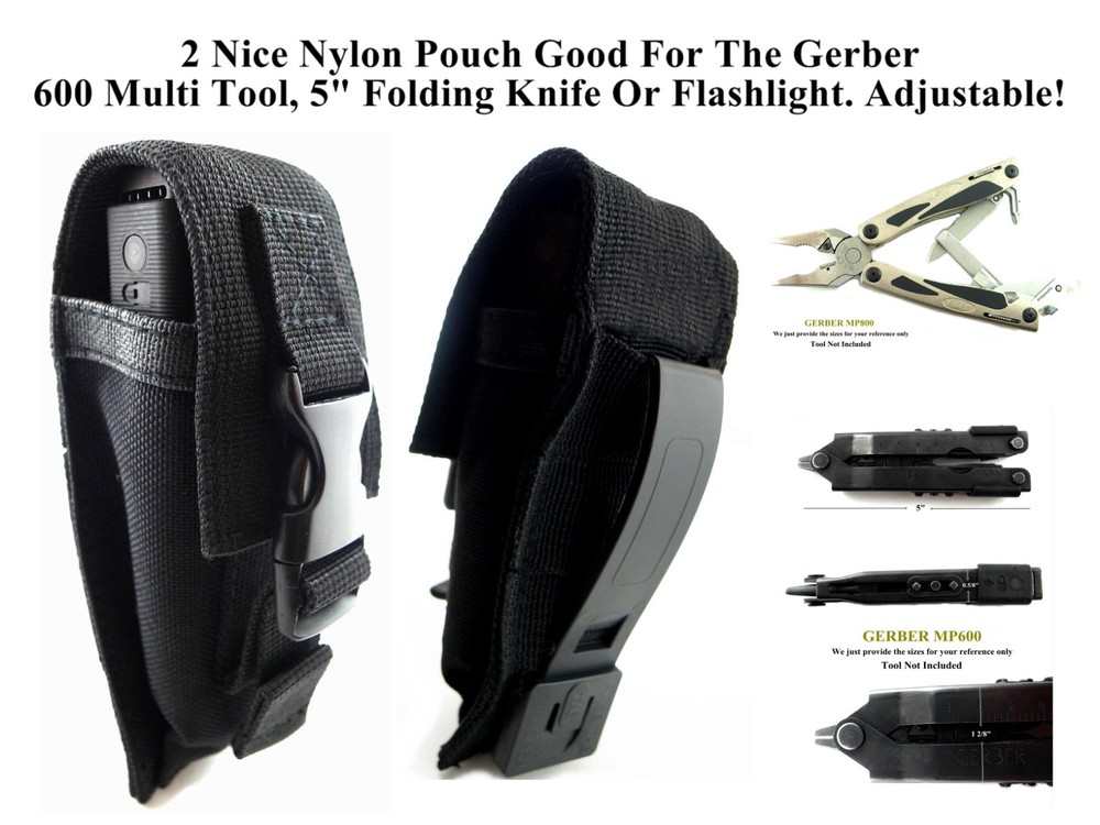 2 BLK Nylon Pouch/ Sheath For Gerber 600 Multi Tool, 5" Folding Knife Flashlight