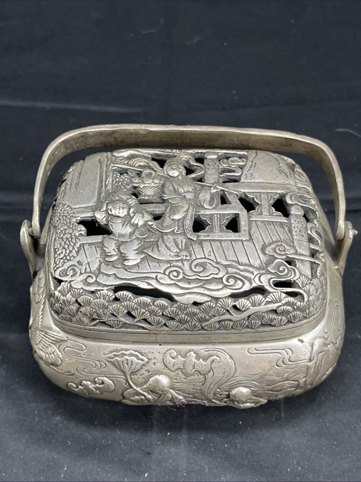 5.6"Chinese Buddhism Pure copper Gilt silver Fine carving [Crane] Incense burner