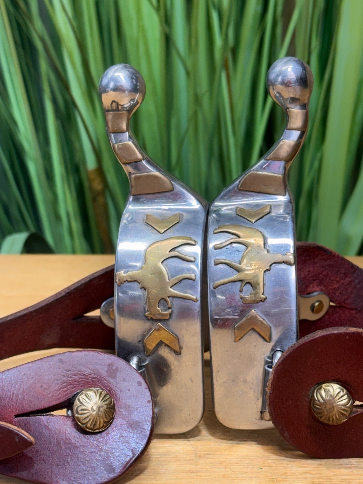 SS Short Shank Ball End Spurs w Western Pleasure Horse & Brown Leather Straps