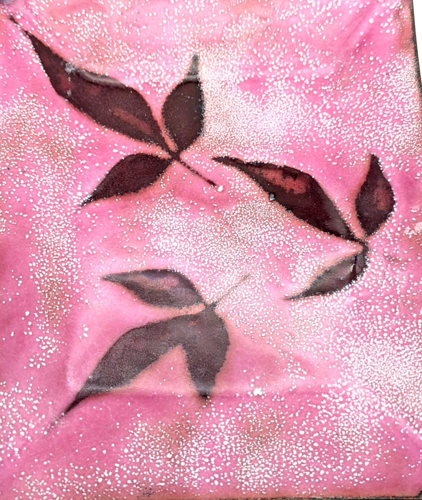 Enamel Over Copper Rectangle Dish Pink With Leaves