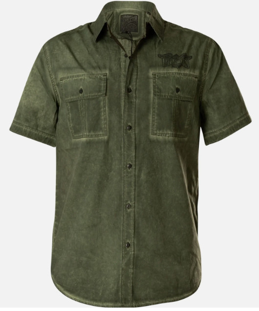 $88 AFFLICTION Green THRUTCH Short Sleeve BUTTON DOWN SHIRT T-shirt MENS NWT