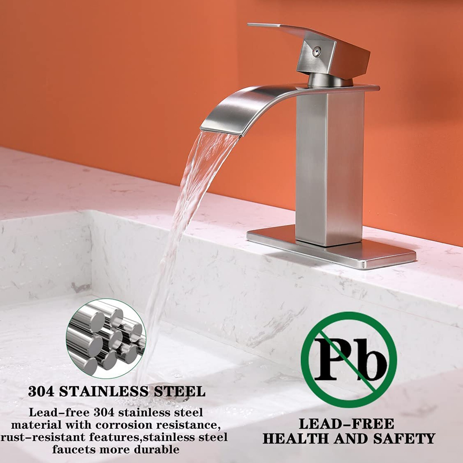 Bathroom Sink Faucet Brushed Nickel Single Handle Waterfall Vanity Basin Mixer