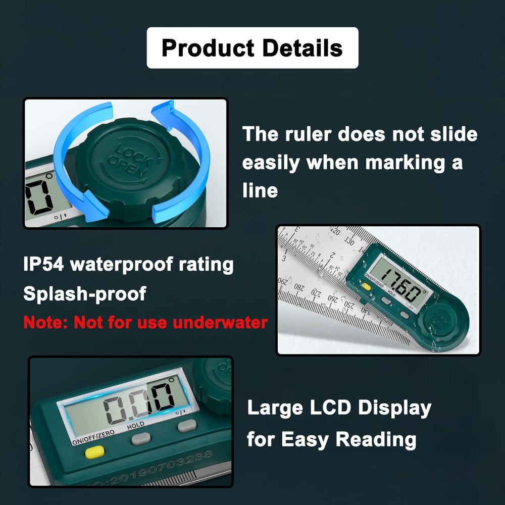 200mm/7.8'' Protractor Digital Angle Finder Ruler with Locking Function for ADAS