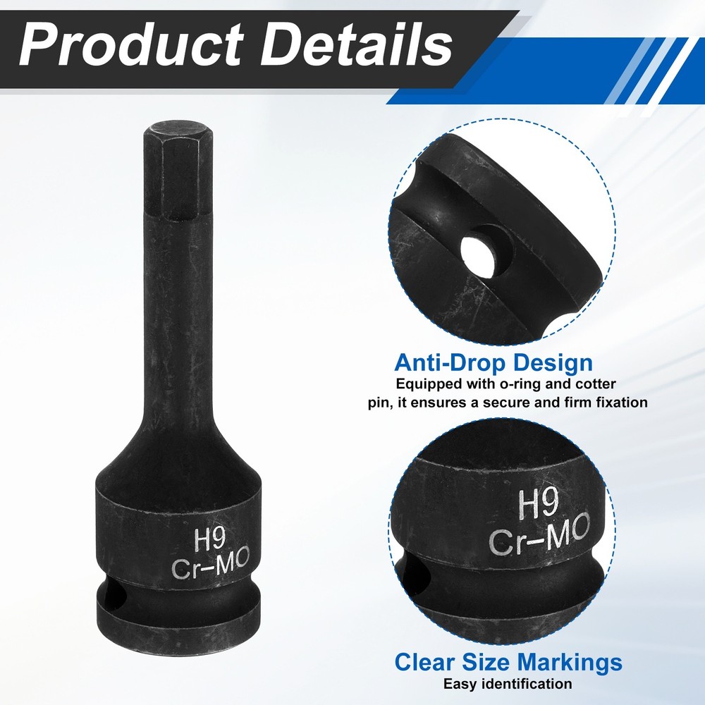 2pcs 1/2" Drive Impact Hex Bit Socket 9mm Metric CR-MO Steel Hexagonal Socket