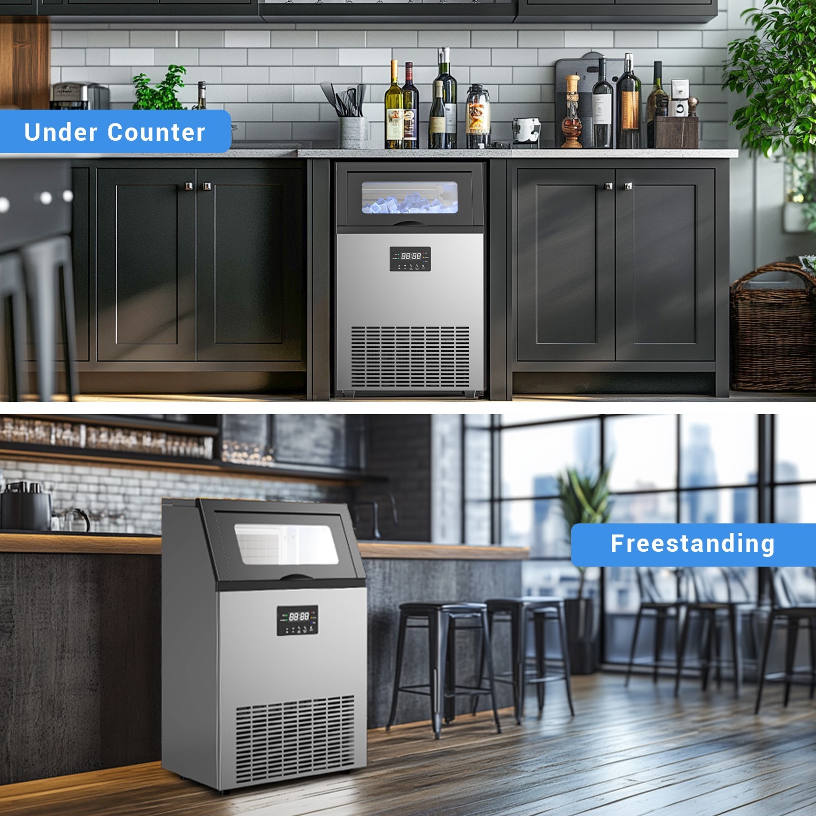 200lbs/24H Commercial Ice Maker Under Counter Freestanding Full ice Cube Machine