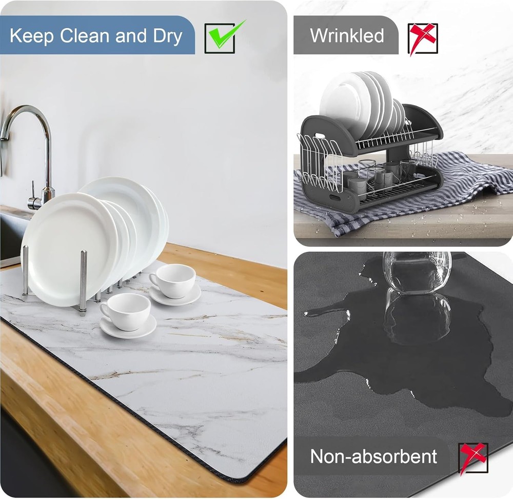 Marble Pattern Dish Drying Mat Absorbent Coffee Bar Mat Kitchen Counter Non-slip