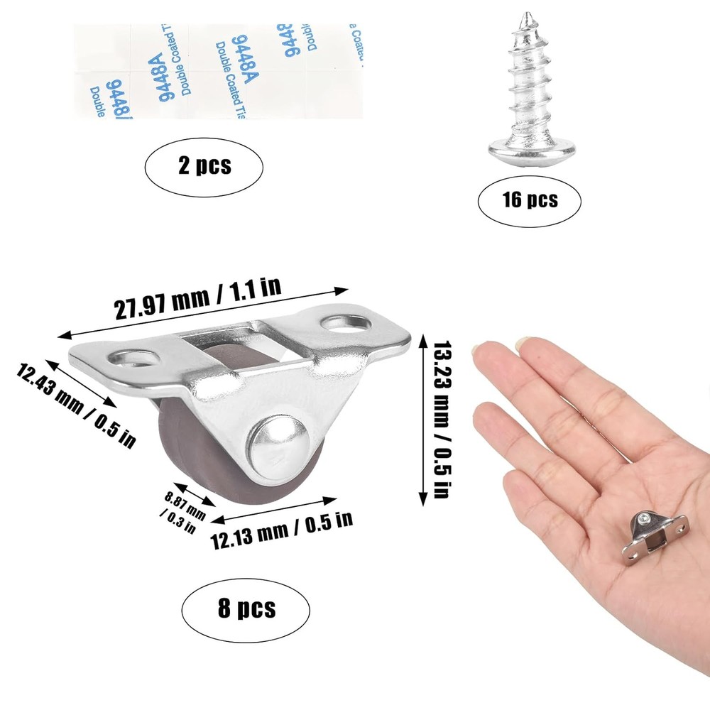 8 Pcs Mini Caster Wheels 0.5 Inch Tiny Casters One Direction Rubber Low...
