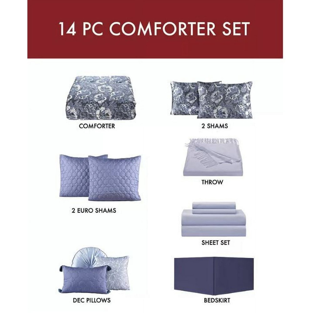 Sunham Hendel Indigo Queen Comforter Set Bedding 14 pc super set