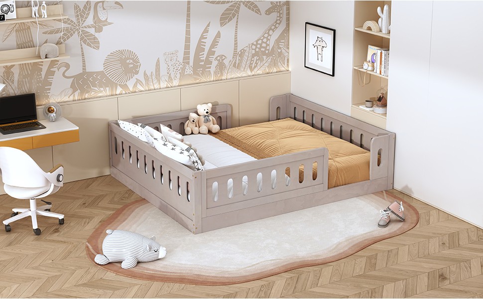 Wood Full Size Platform Bed with Guardrail, Natural