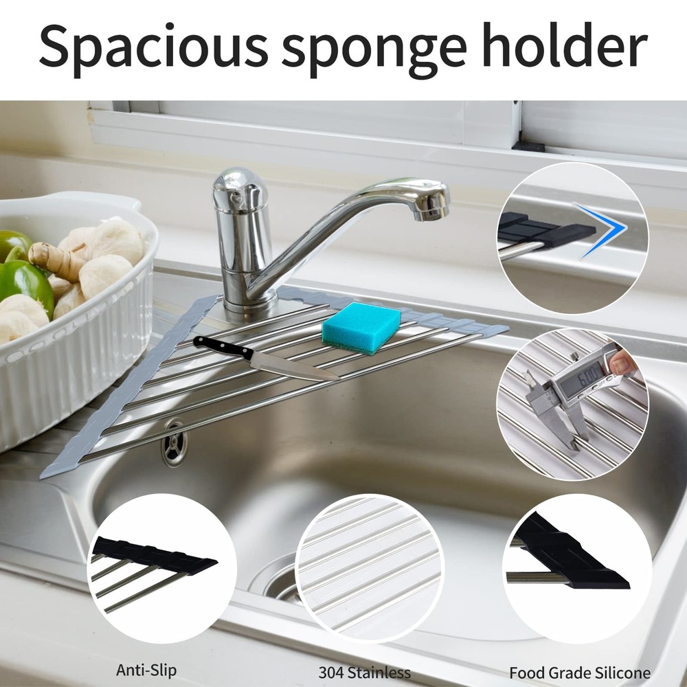 2 Pack Stainless Steel Sink Rack Multi-Function Roll Up Drying Rack for Sink ...
