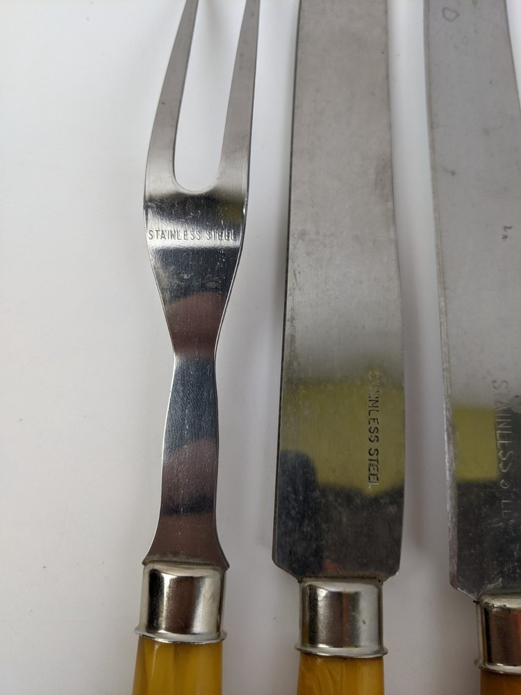 Vintage BAKELITE Handle Carving Set Fork, Knives, Sharpener Valley Forge 5pcs