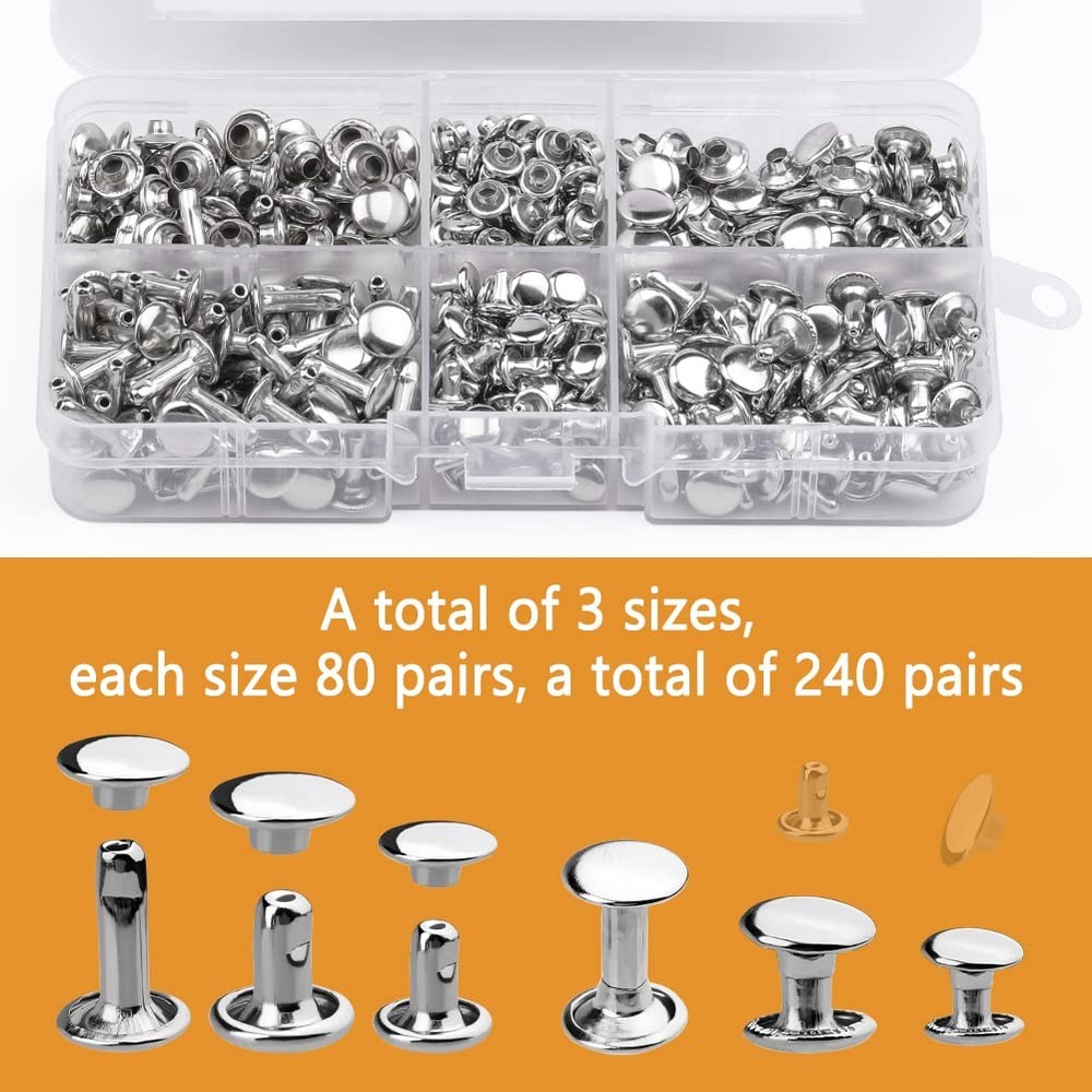 240 Sets Rivets for Leather, Leather Rivets 3 Sizes Leather Double Cap Rivets...
