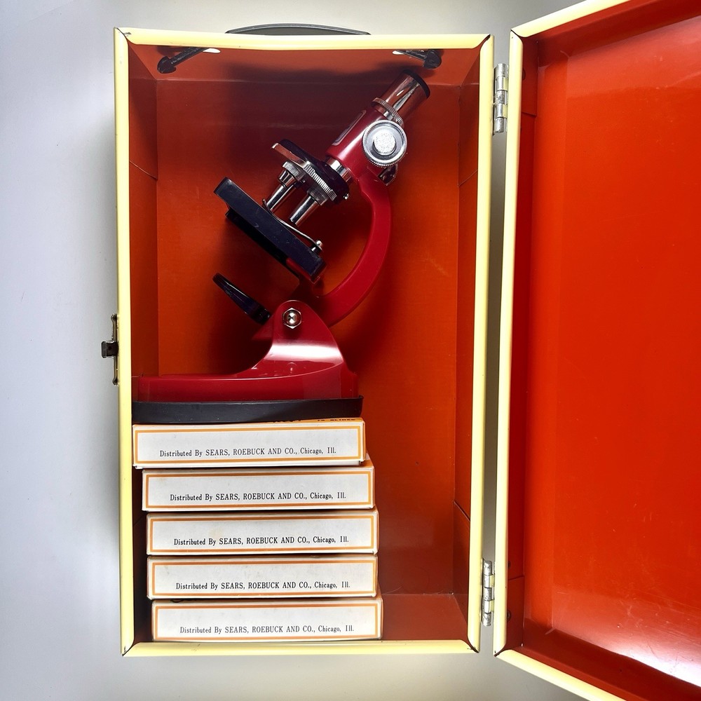 1970s Sears Microscope Prepared Slides & Gilbert Microcraft Cabinet Case Lot