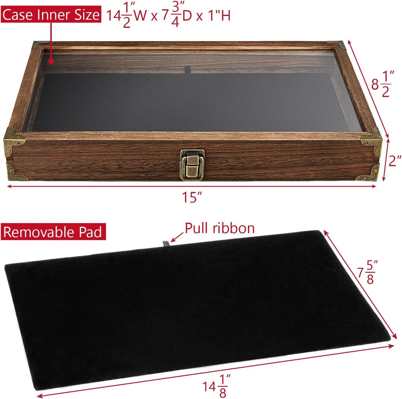 Gun Display Case Brown Wood Handgun Pistol Revolver Glass Lock Knife Shadow Box