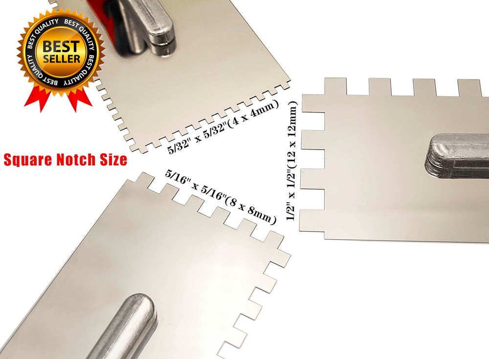 Tile Tools Stainless Steel Square Notched Trowel Set 3 PC