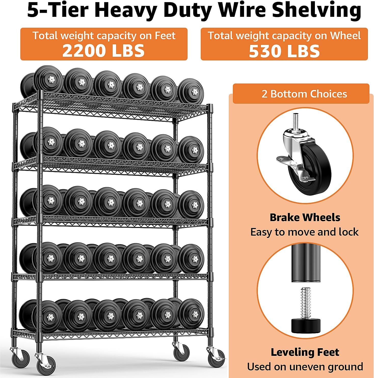 M MZG 5 Tier Heavy-duty Metal Shelves Wheel Shelves Units Adjustable Duty Rack
