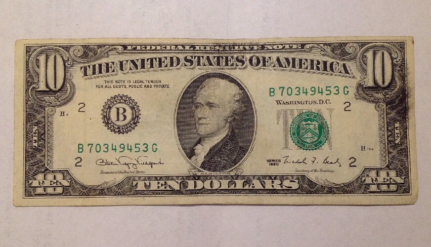 1990 $10 FRN ERROR INK SMEARED