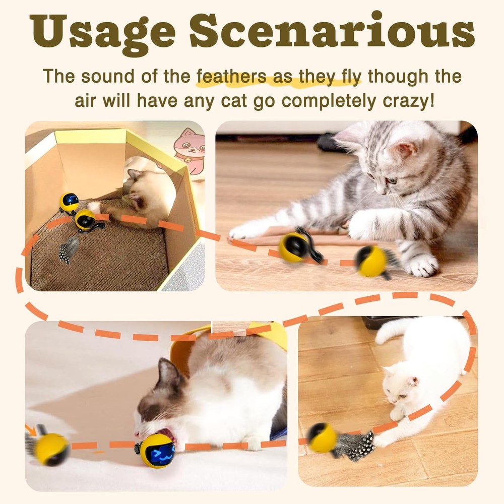 Moving Ball Cat Toy with Feather Tail Remote Control Interactive Kitten Toy