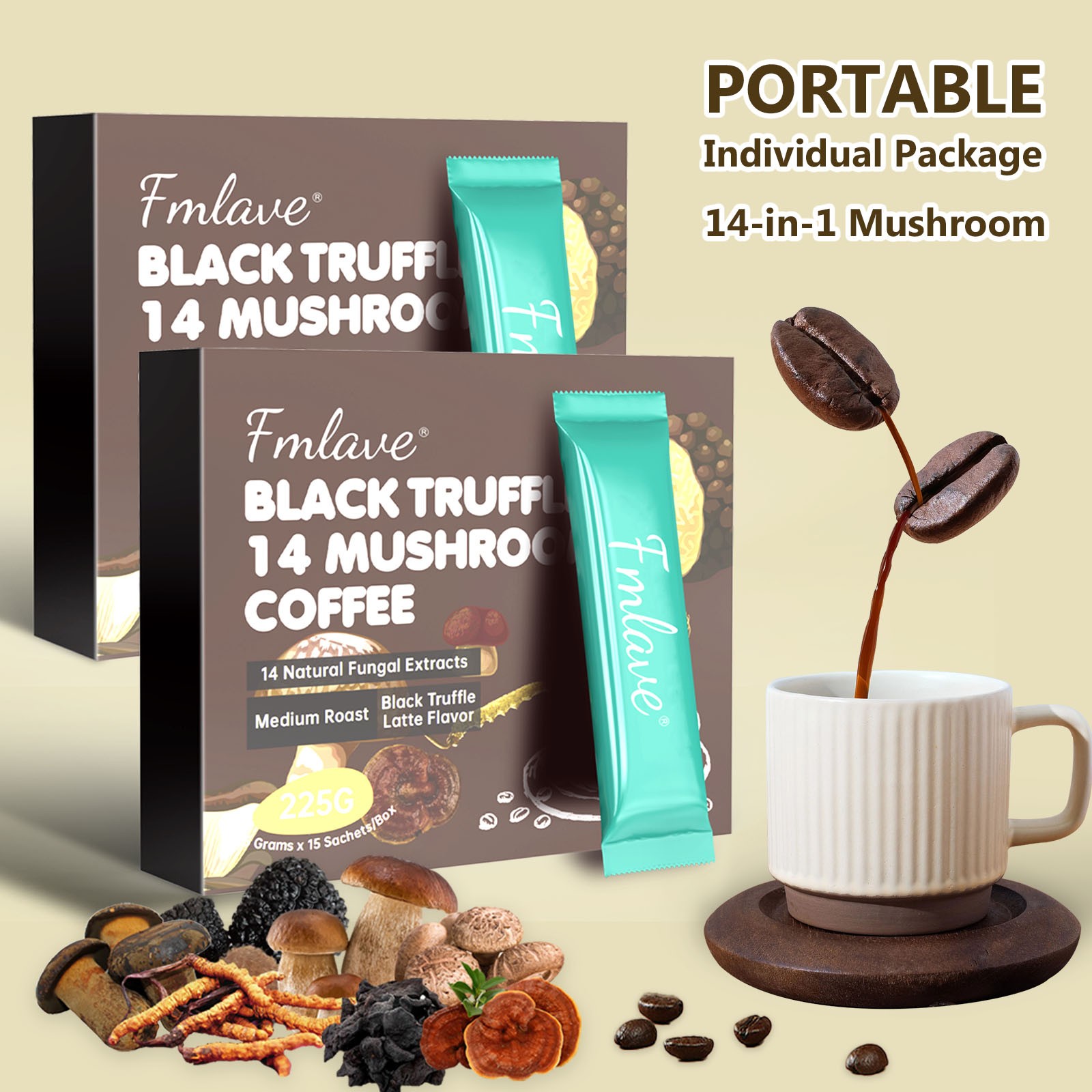 2 pack 14 Mushroom Coffee Organic Instant Coffee Brain & Energy Boost 30 sachets