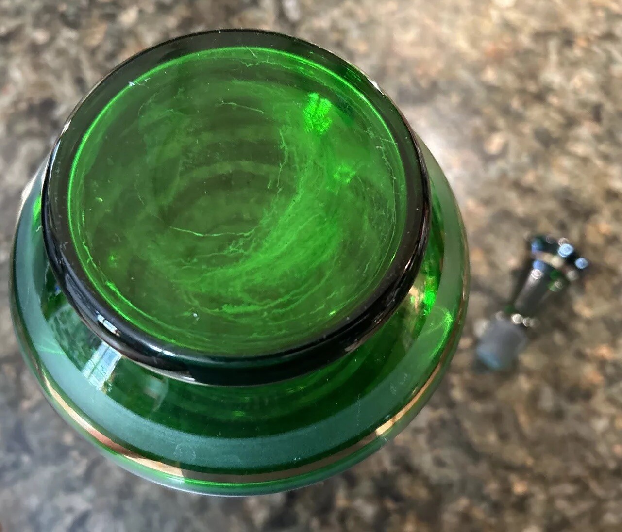 Borske Sklo Gold Banded Green Glass Decanter Mid Century Genie Jeannie Bottle