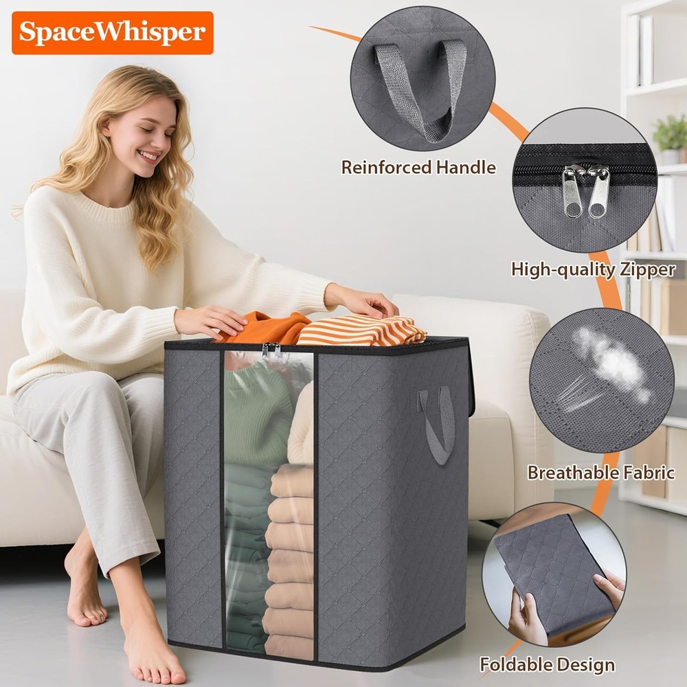 SpaceWhisper 3 Pack 100L Clothes Storage, Foldable Thick Fabric Blanket Storage
