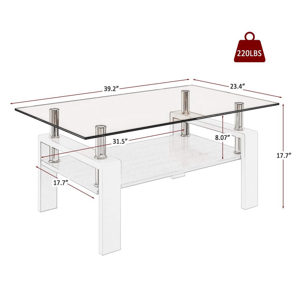 Rectangular coffee table with tempered glass tabletop featuring MDF layer