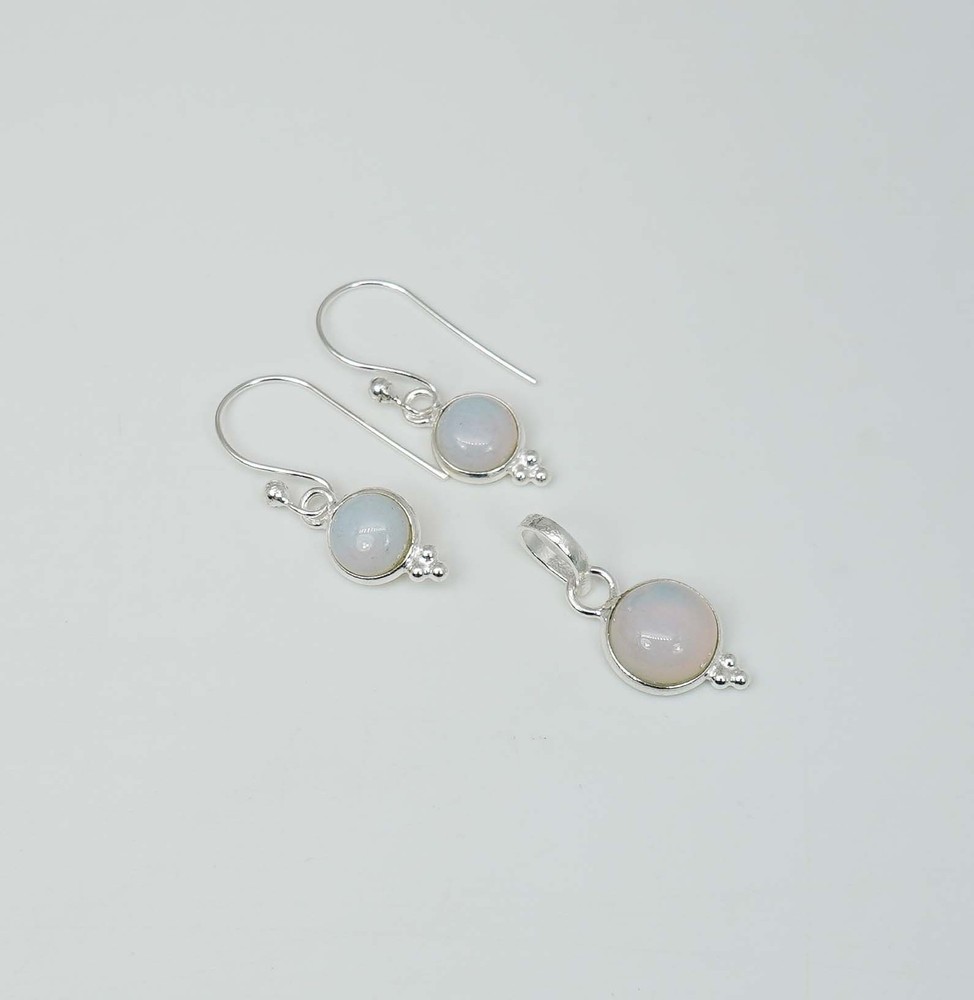925 Solid Sterling Silver Milky Opalite Hook Earring Pendant Set