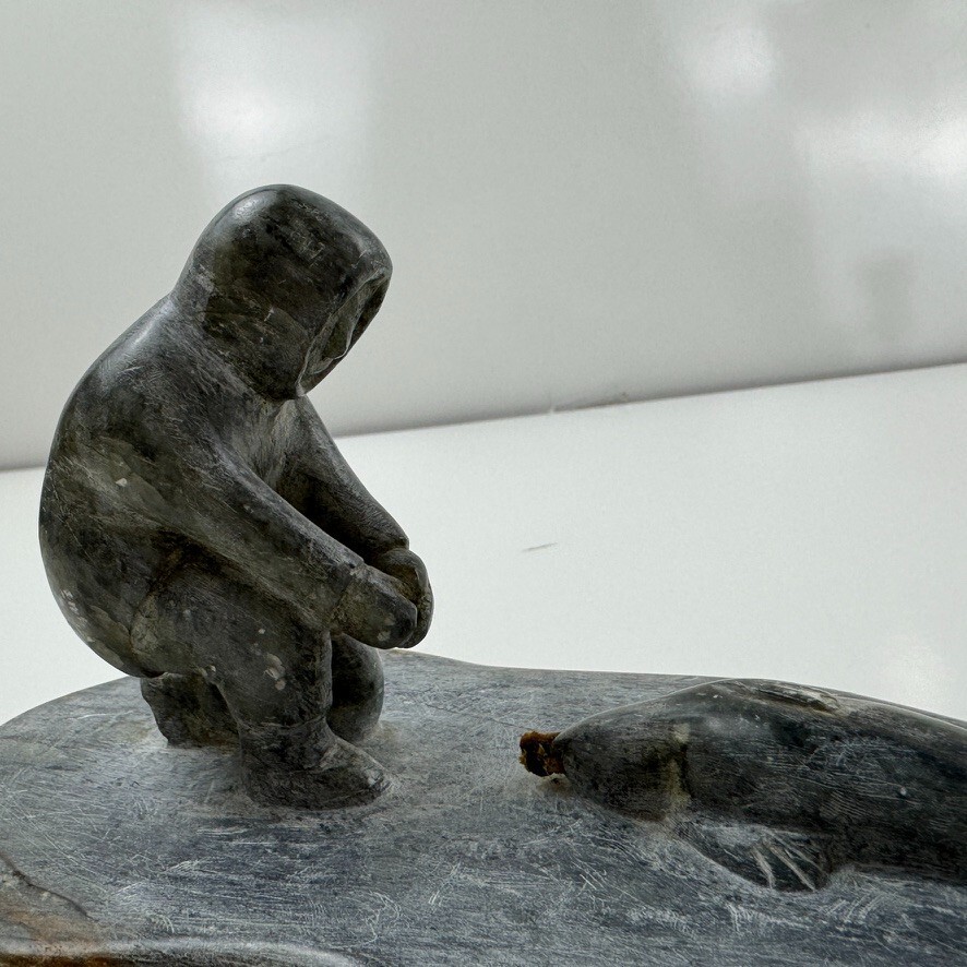 Alaskan Native Vtg Soapstone Tableau Seal & Hunter Contemporary Green Variegated