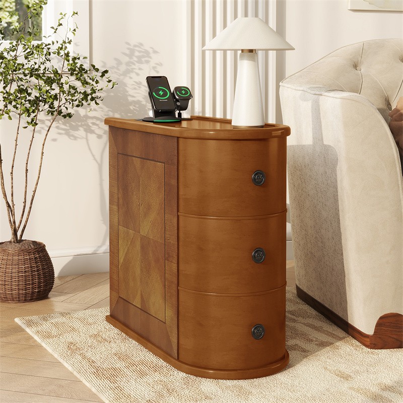 End Table with Charging Station Mid-Century Modern Sofa Side Table with 3 Drawer