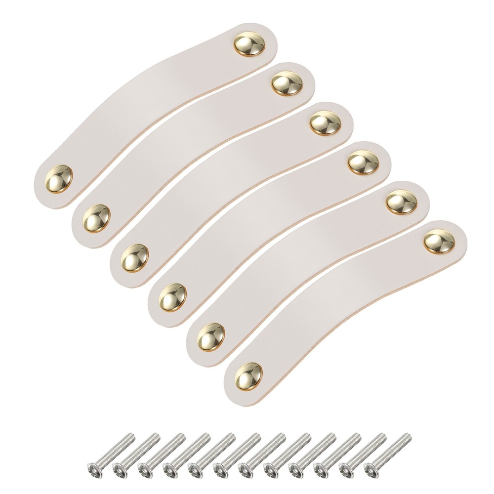 6 Packs Leather Drawer Pulls Double Hole Knobs, Cream/Gold(Hole Spacing:96mm)