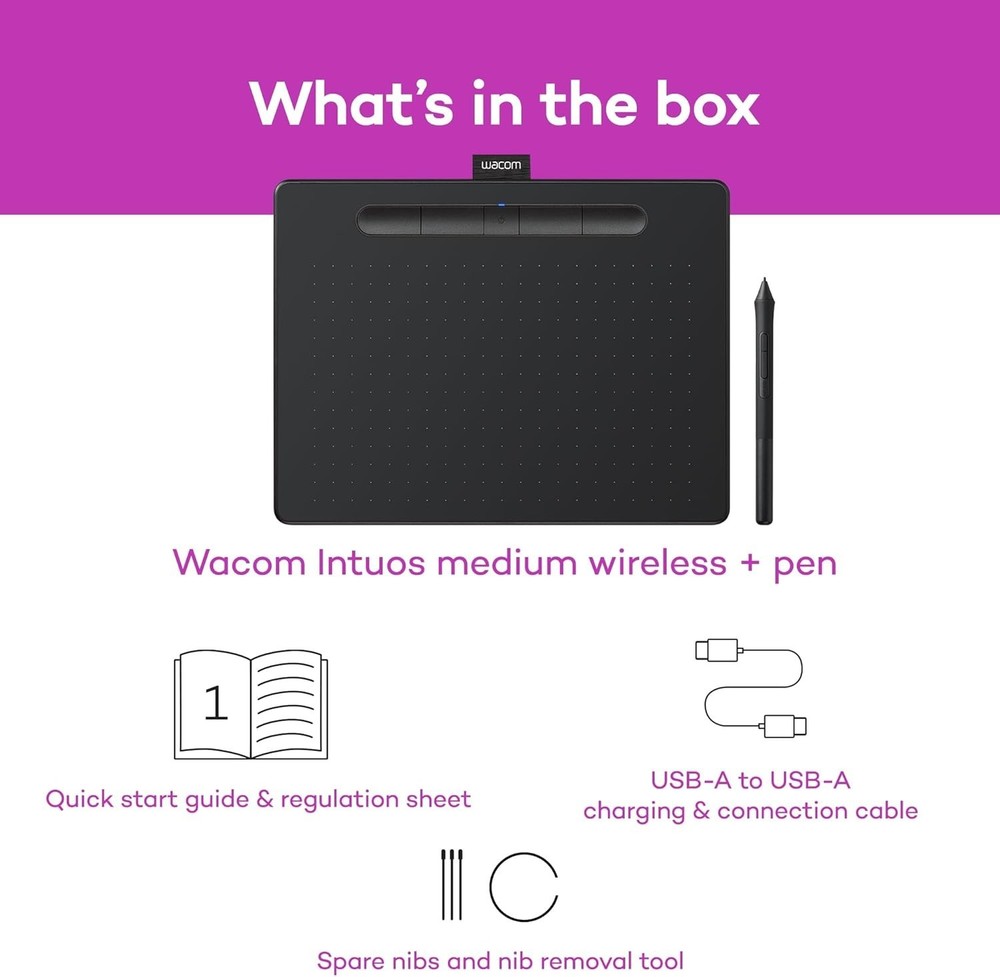 Wacom Intuos Medium Bluetooth Graphics Drawing Tablet, Portable for Teachers,