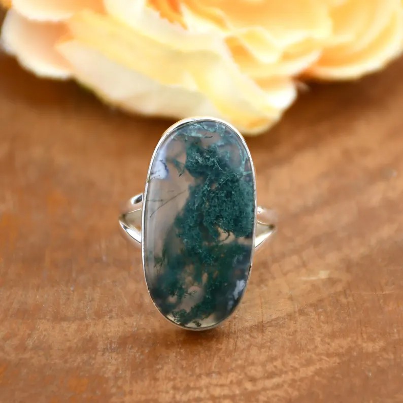Solid 925 Sterling Silver Natural Moss Agate Large Oval Gemstone Handmade Ring