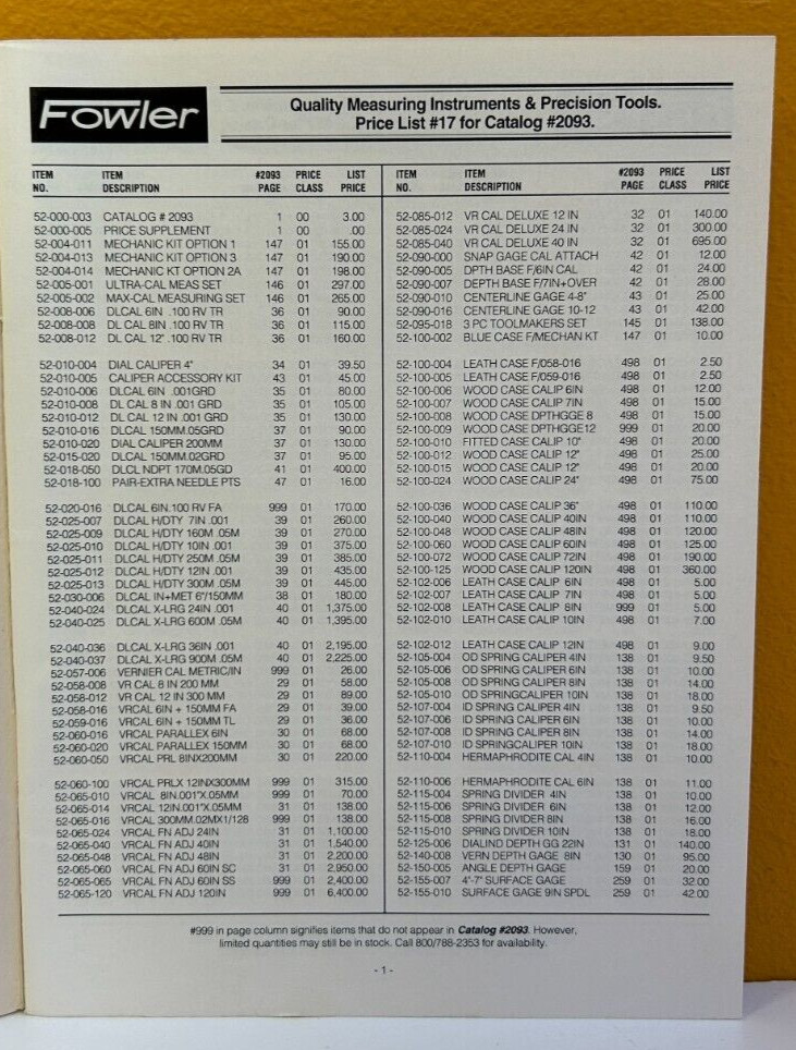 Fowler Revised Price List #17 Catalog #2093 Measuring Inst & Precision Tools.
