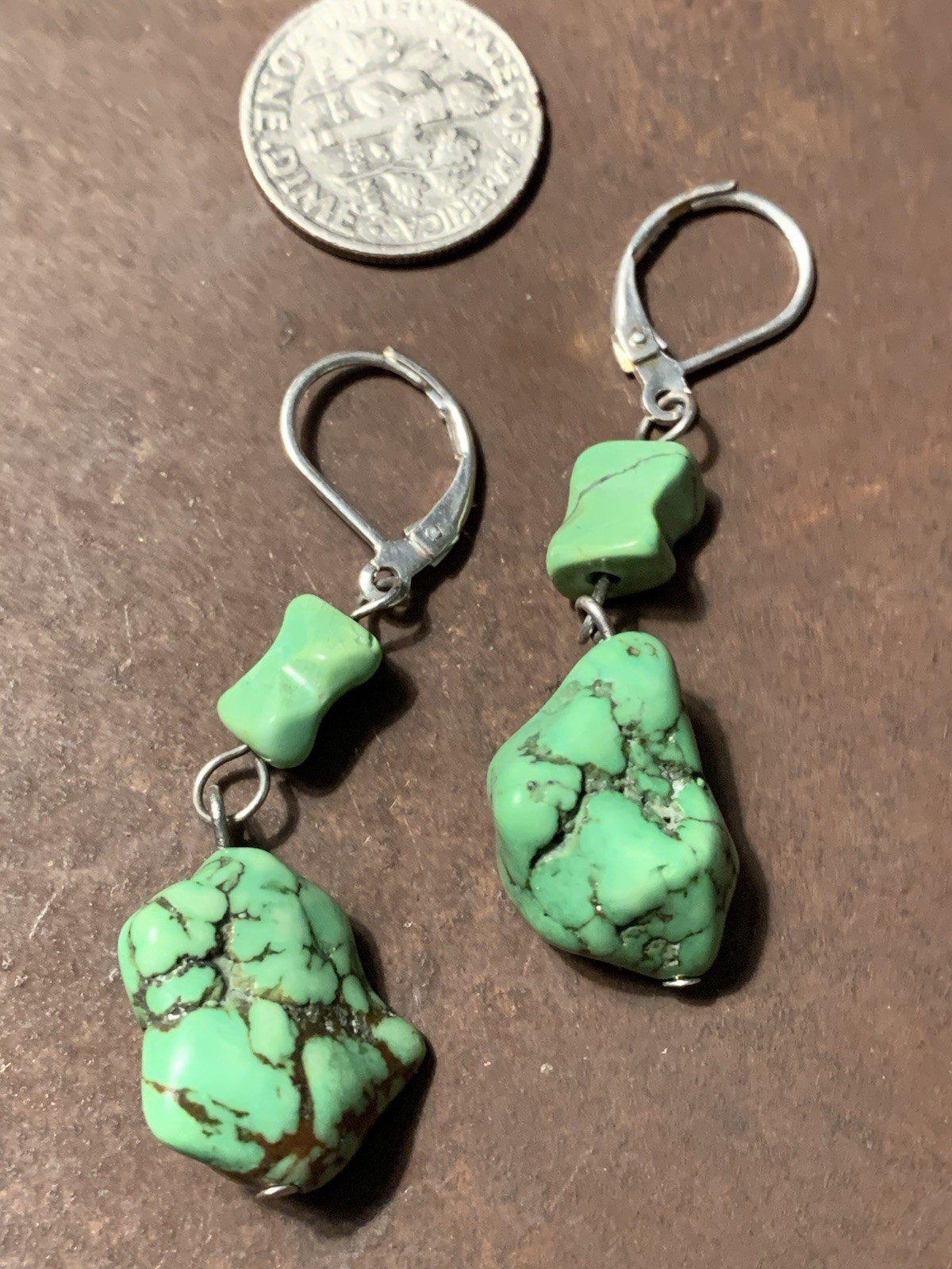 Gorgeous Artisan Chunk Bright Green Turquoise Dangle Stone Earrings
