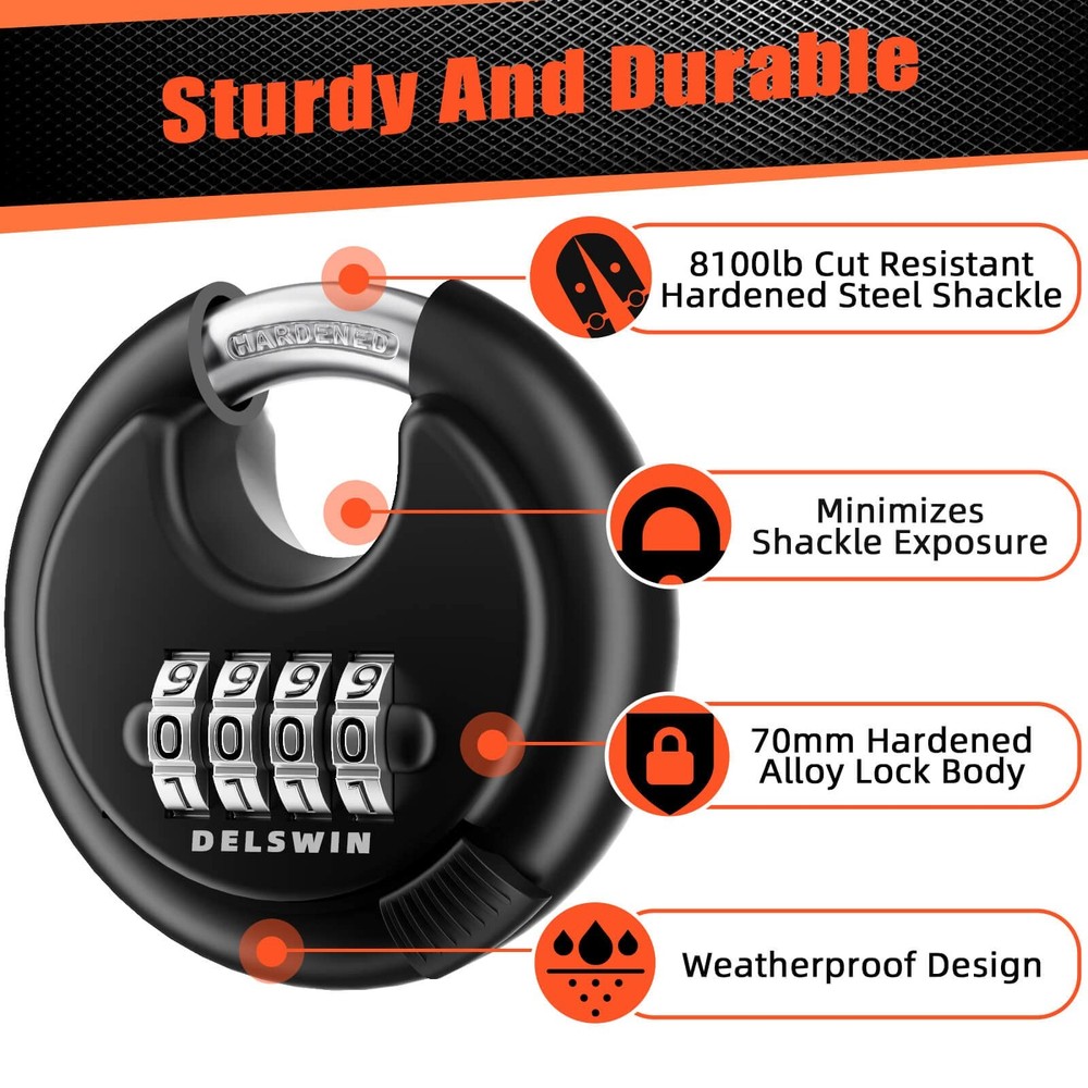 DELSWIN 4 Digit Combination Disc Padlock with Hardened Steel Black 1Pcs