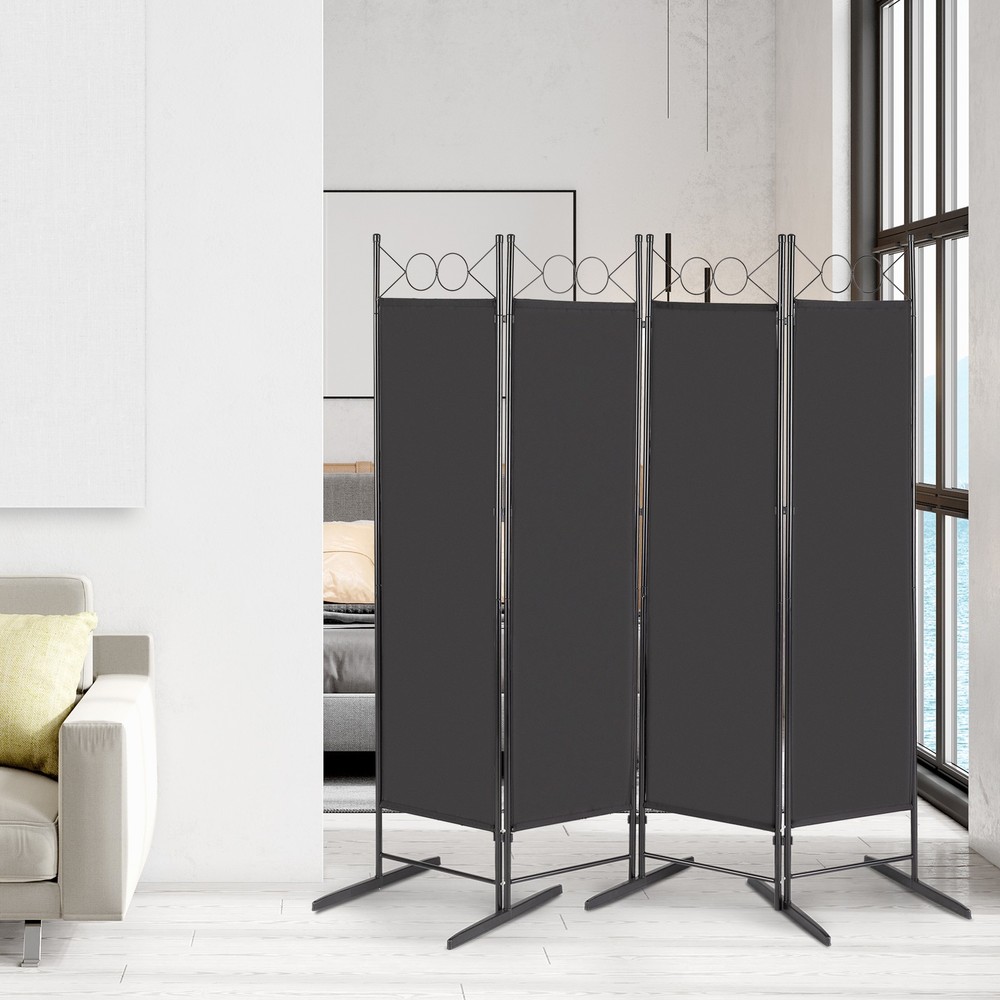 5.74ft Black 4-Fold Privacy Screen,Carbon Steel Frame &Polyester Cloth, Foldable
