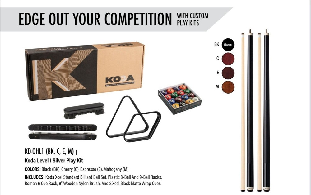 KODA SILVER Pool Table Accessory Kit Cherry Finish With 2 Pool Cues