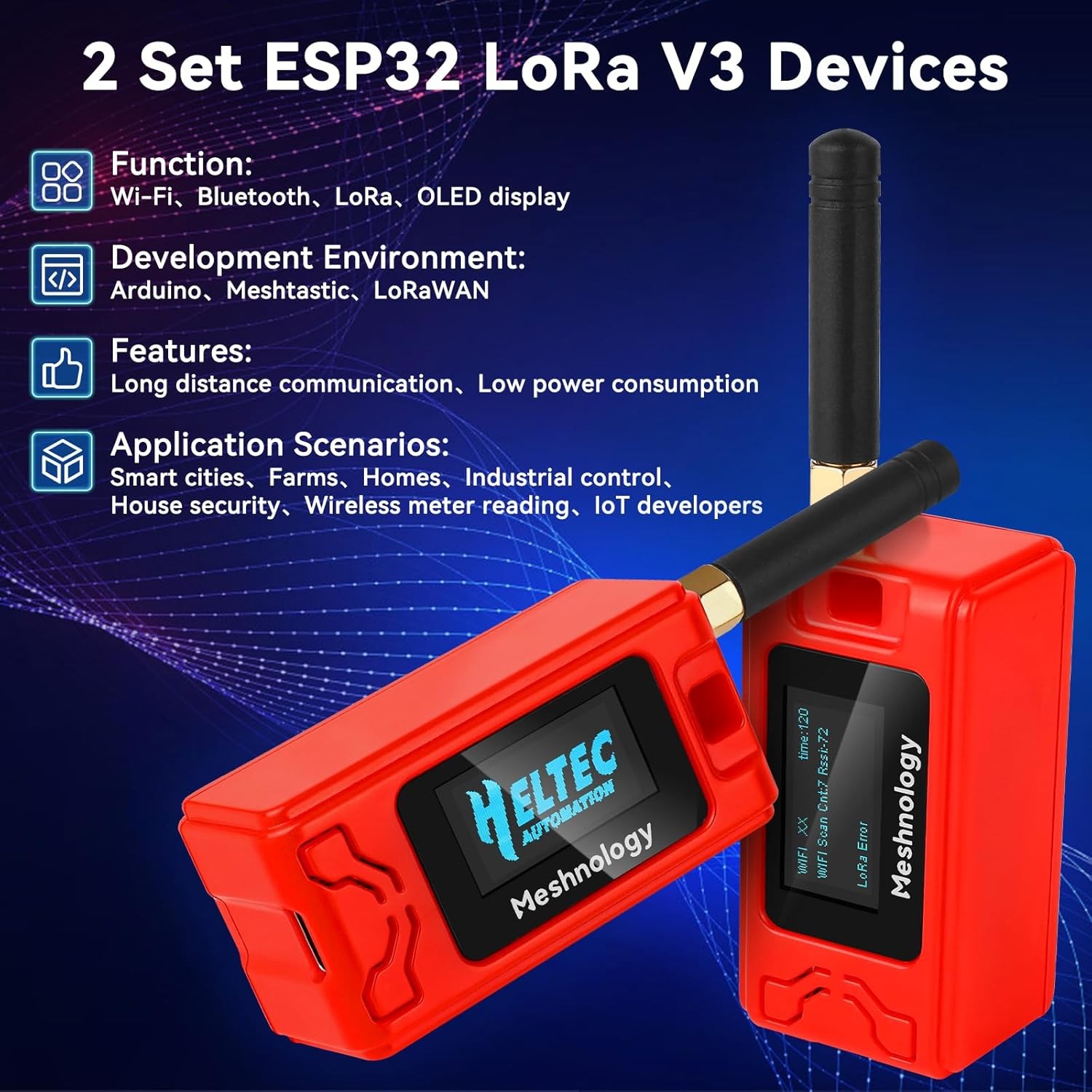 2Sets HelTec Meshtastic LoRa ESP32 V3 SX1262 Board+915MHz Antenna + Battery+Case