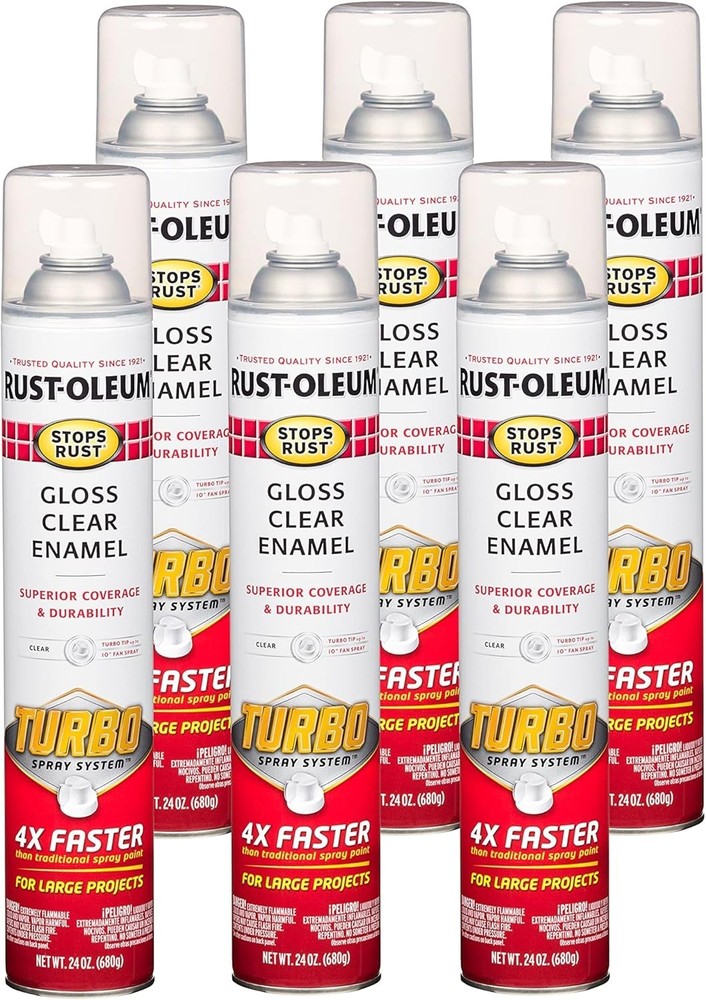 Rust‑Oleum Turbo Spray Paint, Gloss Clear, 24oz, Stops Rust, 6 Pack