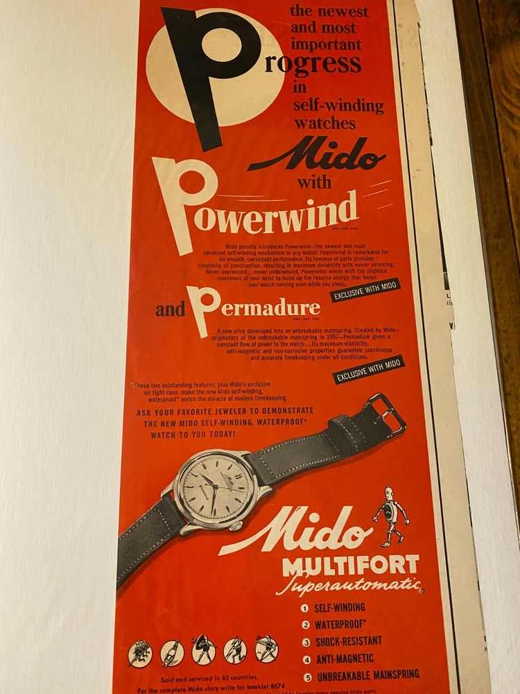 Vintage 1954 Mido Multifort Powerwind Watch ad