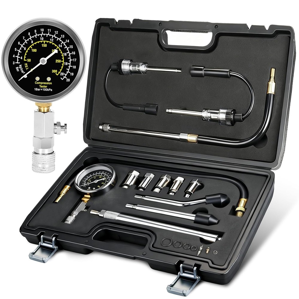 Professional 300PSI Compression Tester with Spark Plug & Adapter Kit for Engines