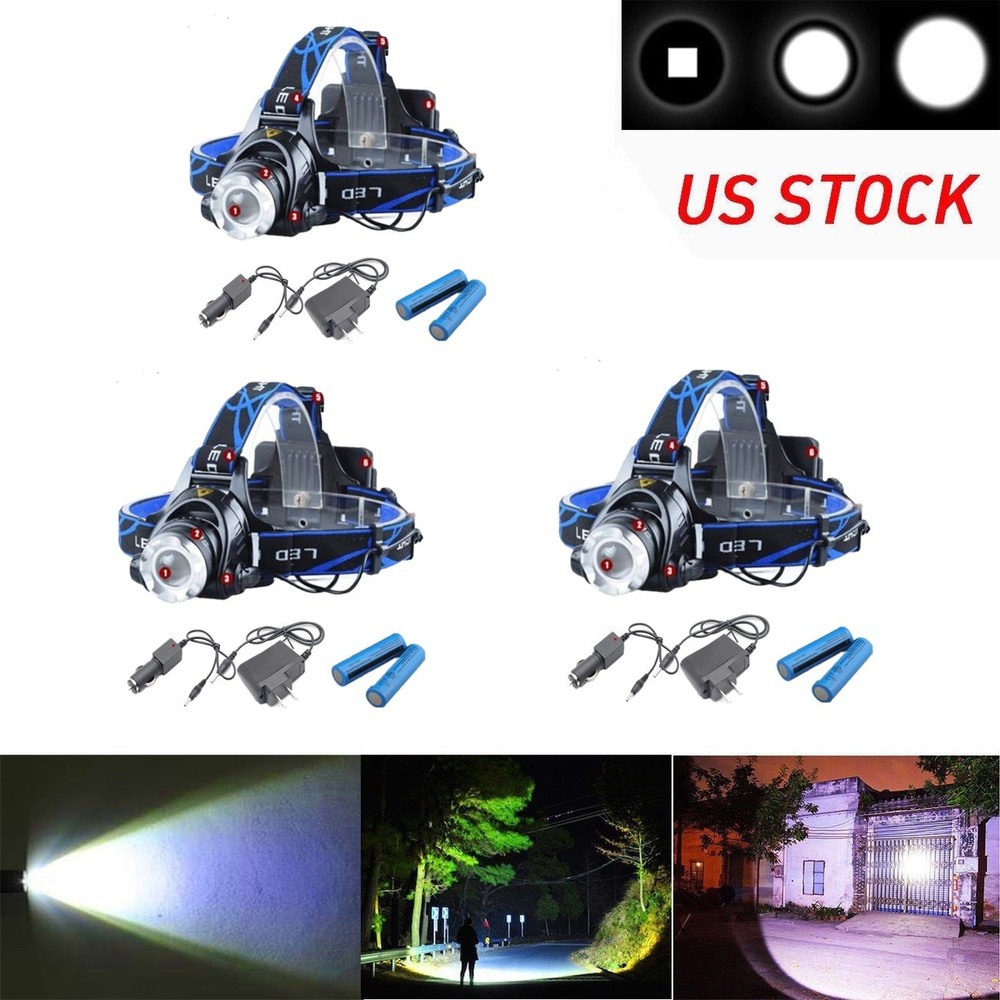 3Pack Rechargeable Headlight Zoomable Head Torch Lamp Flashlight LED Headlamp