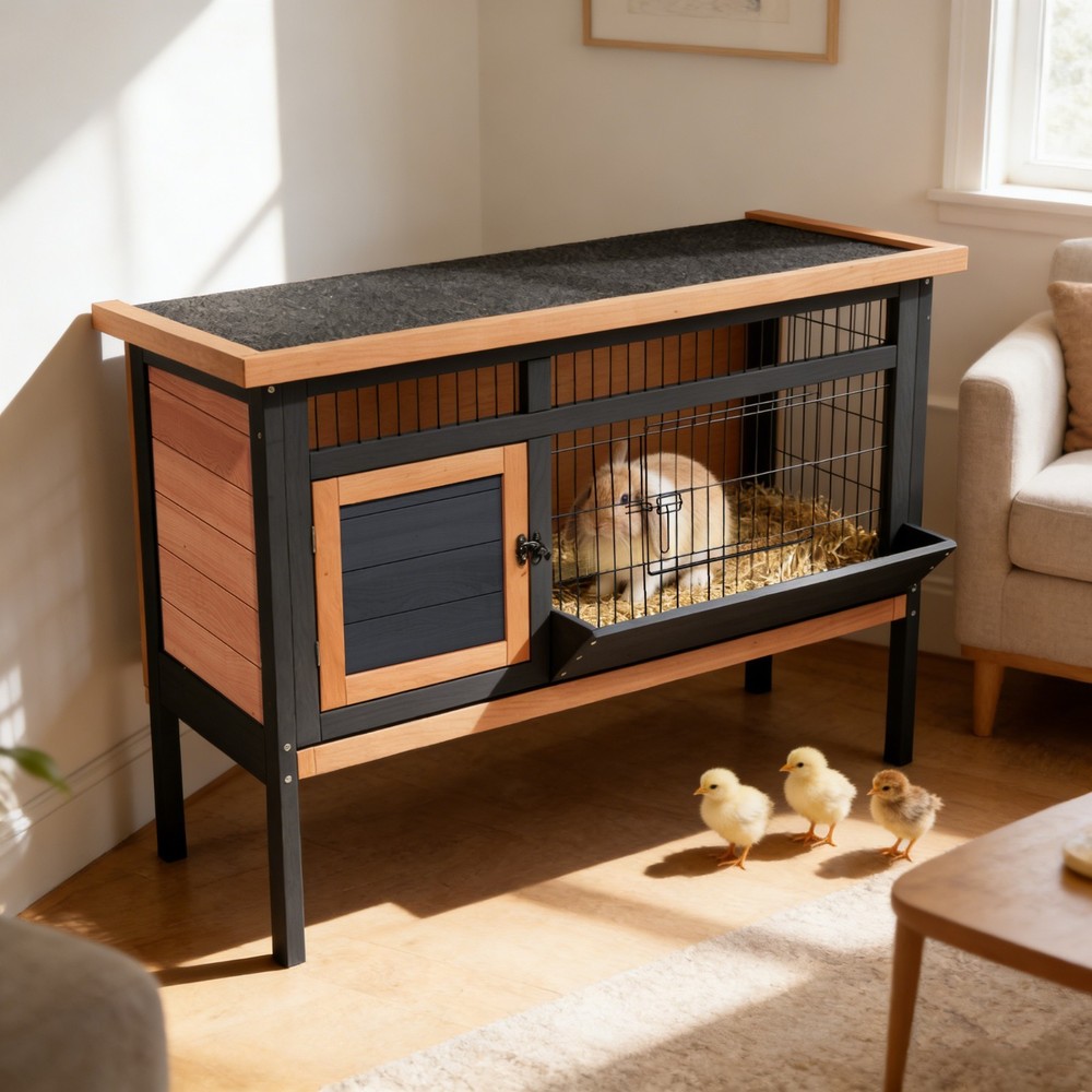 Raised Rabbit Hutch Elevated Bunny Cage with Removable Tray & Openable Roof -