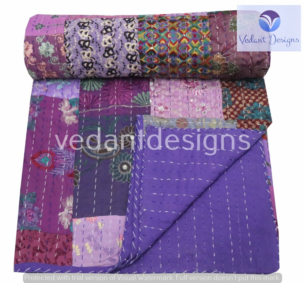 Handmade Patchwork Kantha Quilt Reversible Bedspread Double Cotton Coverlet