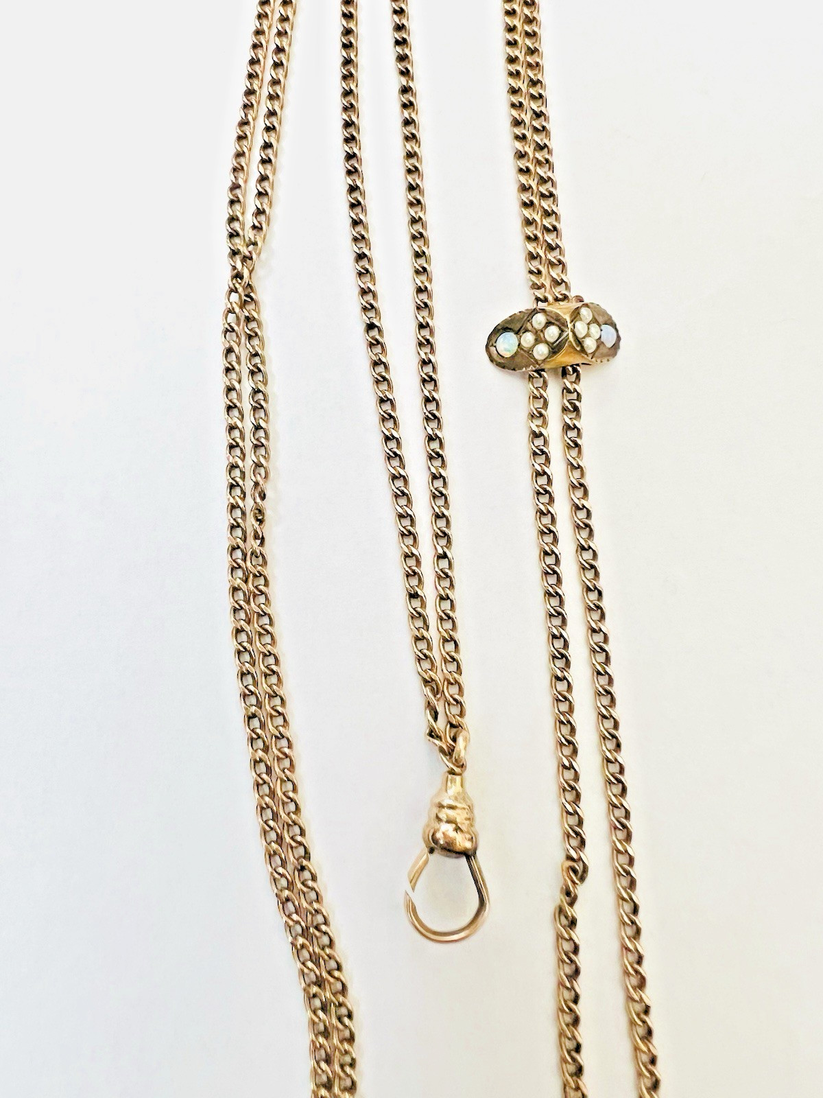 Victorian 46 In Ladies Gold Filled Watch or Muff Chain With Opal Slide Necklace