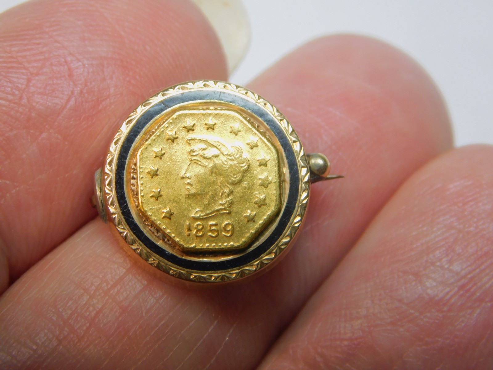 VERY UNUSUAL 1859 CALIFORNIA GOLD PIECE ON ENAMELED 10k GOLD PIN! FREE SHIPPING!