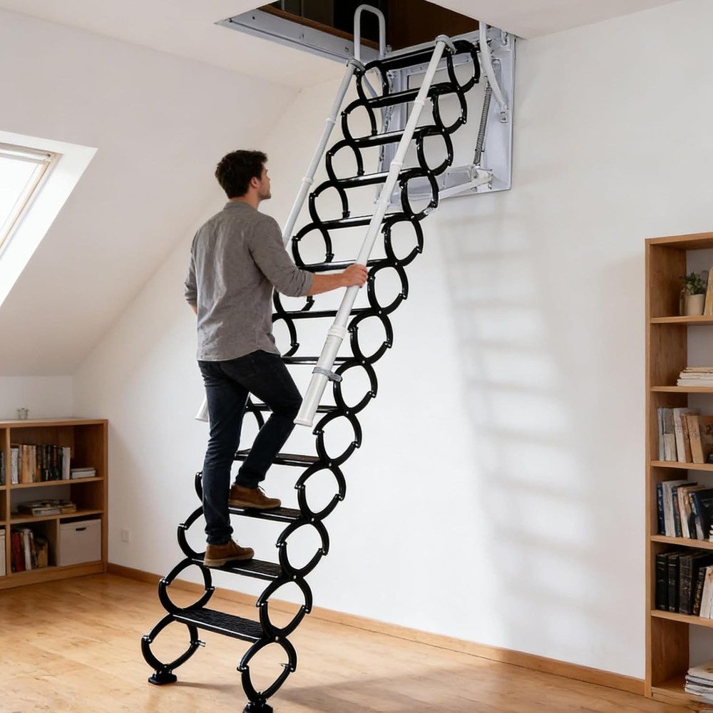 Retractable Handrail& Pull Rod, 12 Steps Wall-Mounted Folding Stairs for Attic