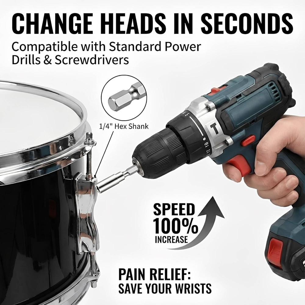 Drum Key Set, Professional Drum Tuning Kit with Drill Bit Adapter, Continuous Mo