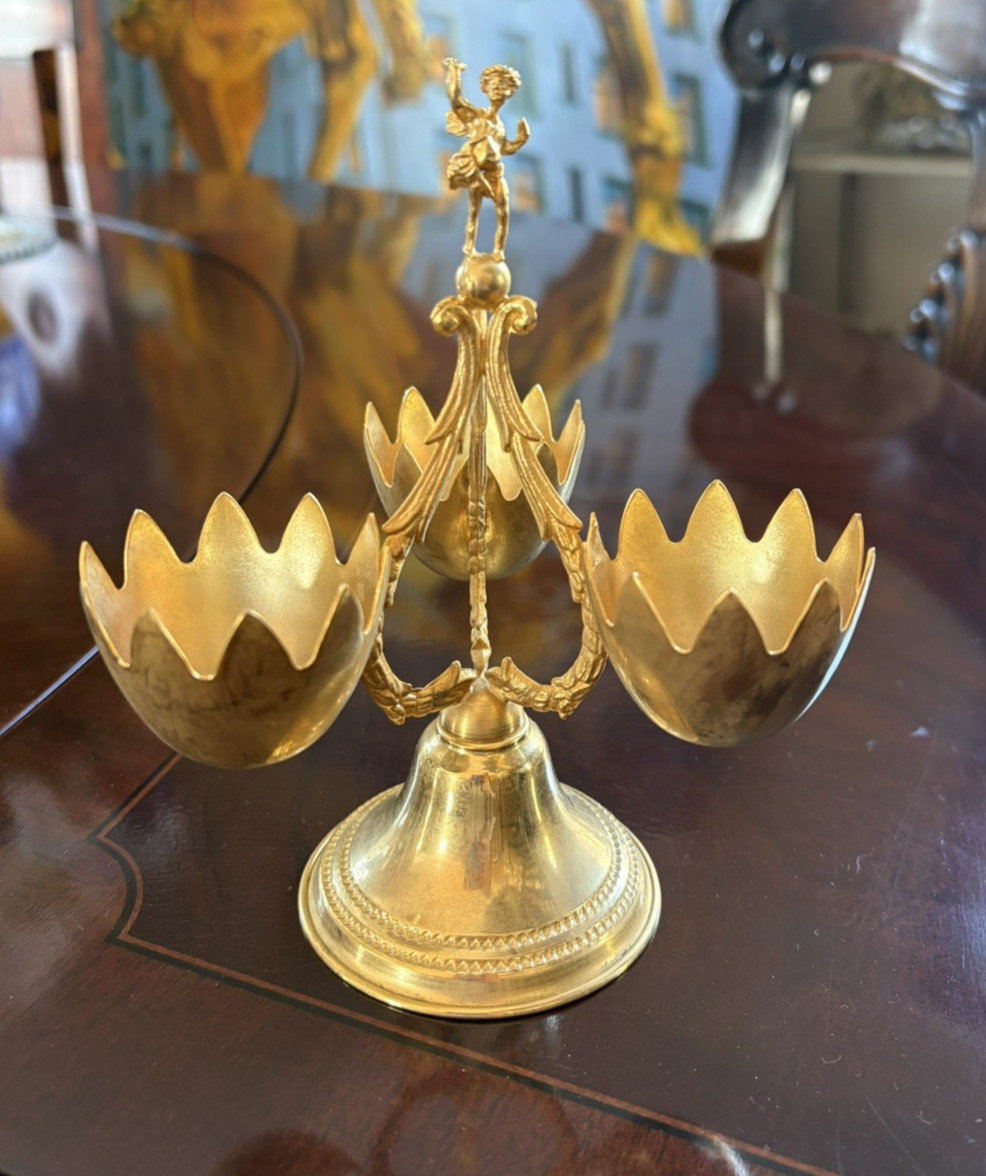Vintage Italian Brass Egg Cup Holder Display Set with Cherub Figural