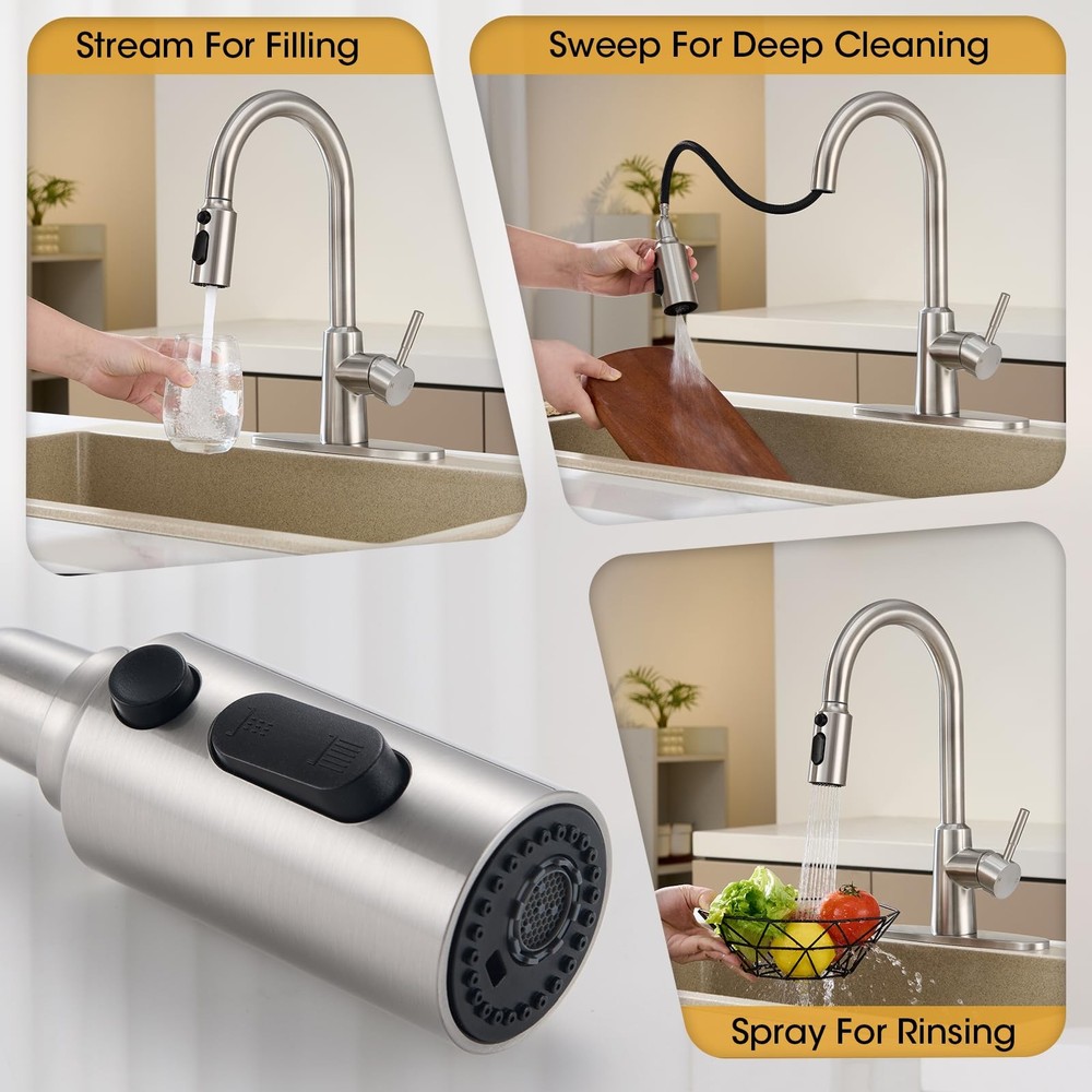 Kitchen Faucet with Pull Down Sprayer, High Arc Single Handle Brushed Nickel ...
